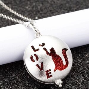 Silver Round Cut Out Cat Locket Long Necklace Jewelry -NEW